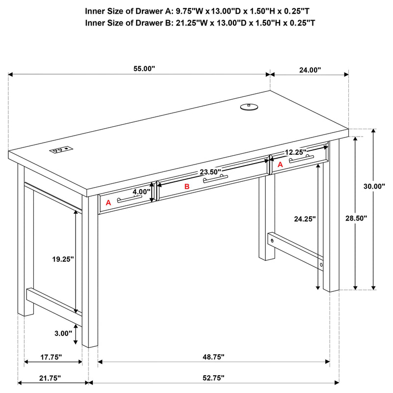 Vermes 55-inch 3-drawer Writing Desk with Power Outlet Light Ash - 802061