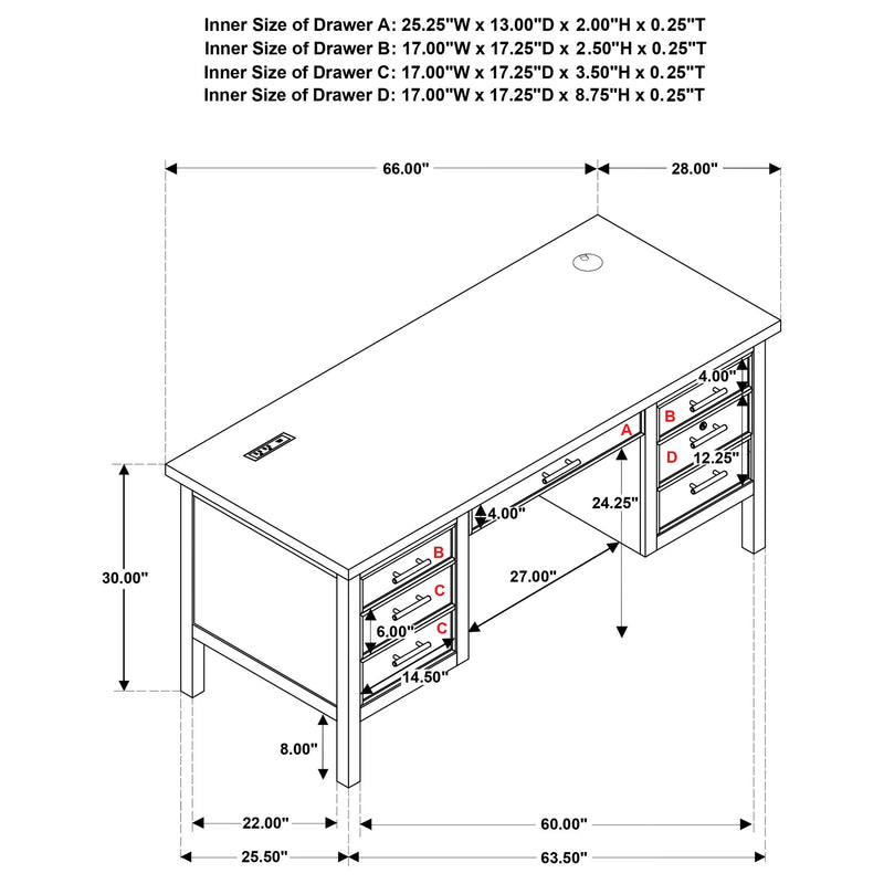Vermes 66-inch 7-drawer Computer Desk with Power Outlet Light Ash - 802062