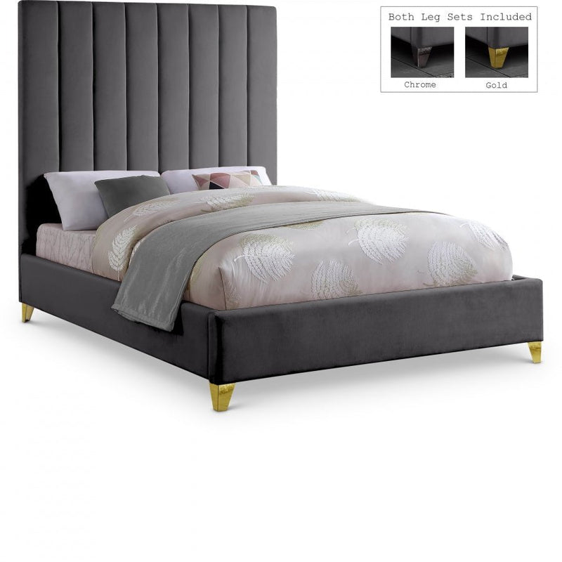 Via Velvet King Bed Grey - Gate FurnitureKing Bed