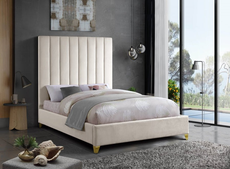 Via Velvet Queen Bed Cream - Gate FurnitureQueen Bed