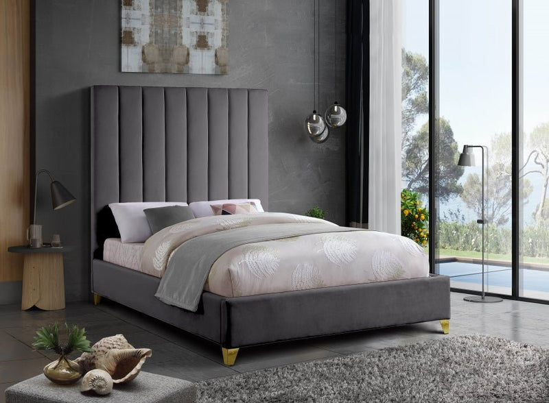 Via Velvet Queen Bed Grey - Gate FurnitureQueen Bed