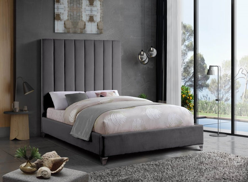 Via Velvet Queen Bed Grey - Gate FurnitureQueen Bed