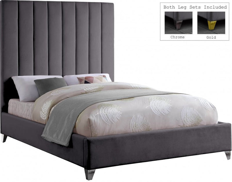 Via Velvet Queen Bed Grey - Gate FurnitureQueen Bed