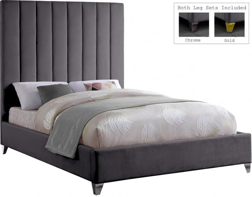Via Velvet Queen Bed Grey - Gate FurnitureQueen Bed