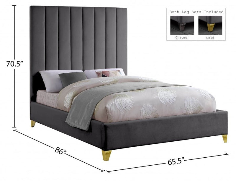Via Velvet Queen Bed Grey - Gate FurnitureQueen Bed