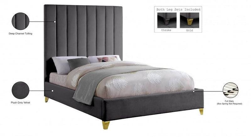 Via Velvet Queen Bed Grey - Gate FurnitureQueen Bed