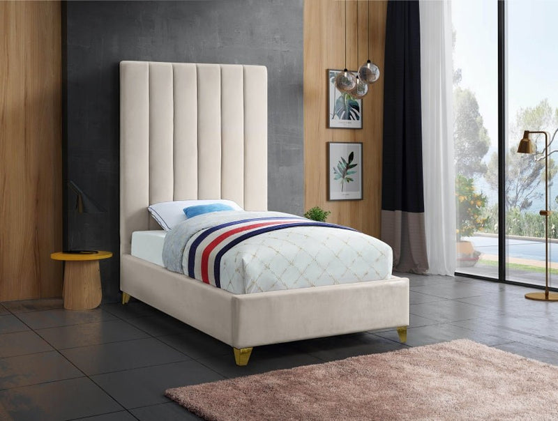 Via Velvet Twin Bed Cream - Gate FurnitureTwin Bed