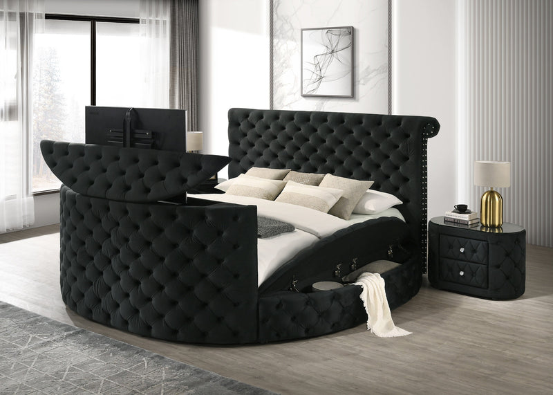 Voltare Black King Upholstered Fireplace Bed with TV Lift - Gate FurnitureKing Bed