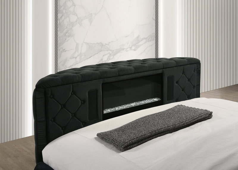 Voltare Black Queen Upholstered Fireplace Bed with TV Lift - Gate FurnitureQueen Bed