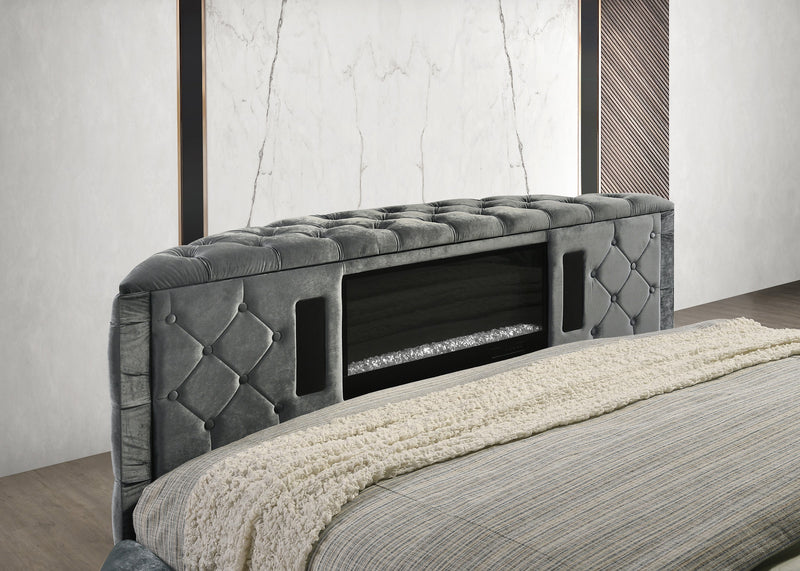 Voltare Gray King Upholstered Fireplace Bed with TV Lift - Gate FurnitureKing Bed