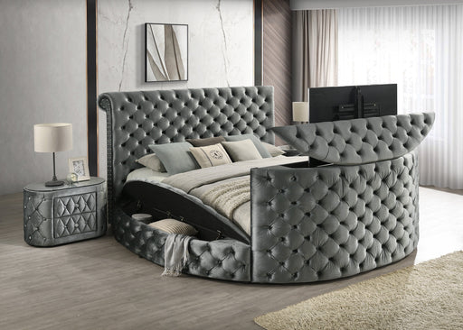 Voltare Gray King Upholstered Fireplace Bed with TV Lift - Gate FurnitureKing Bed