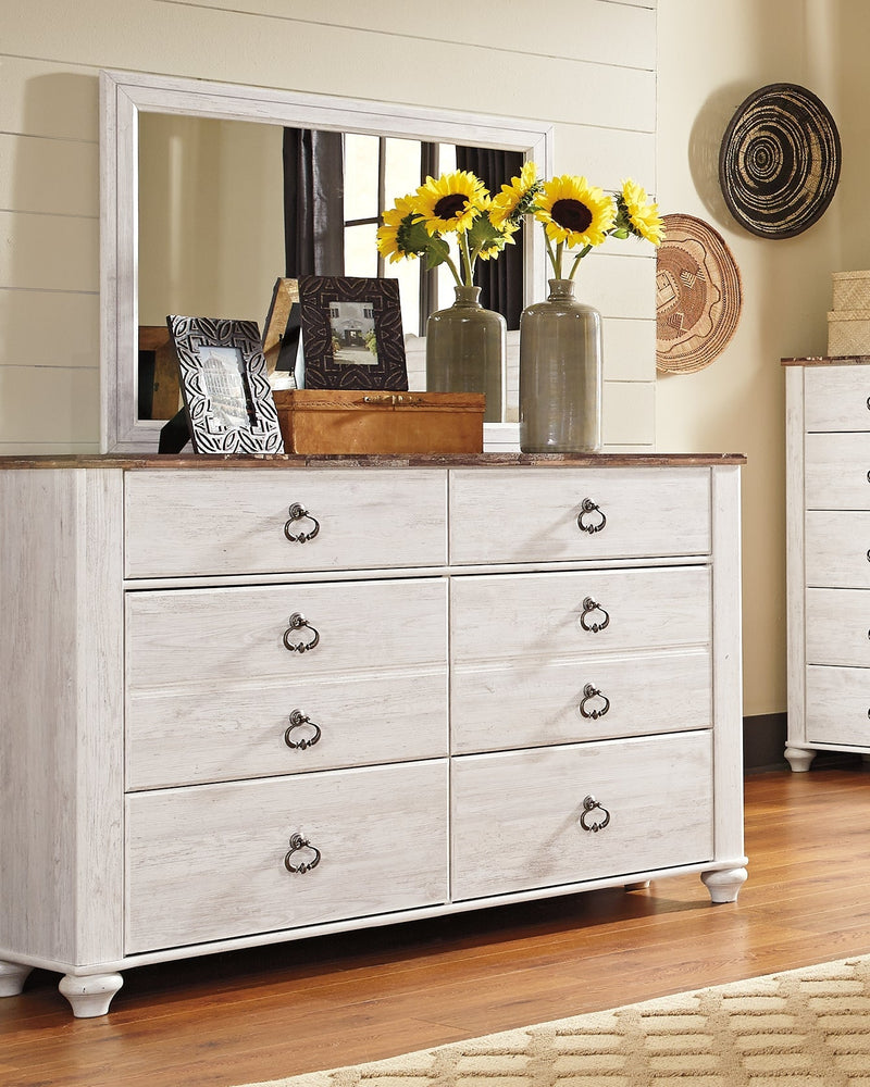 Willowton California King Panel Bed with Mirrored Dresser and 2 Nightstands in Whitewash - PKG007623