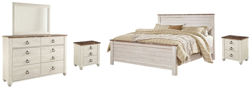 Willowton California King Panel Bed with Mirrored Dresser and 2 Nightstands in Whitewash - PKG007623