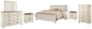 Willowton California King Panel Bed with Mirrored Dresser, Chest and 2 Nightstands in Whitewash - PKG004468
