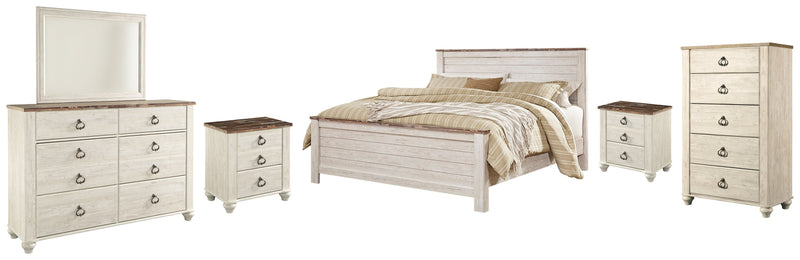 Willowton California King Panel Bed with Mirrored Dresser, Chest and 2 Nightstands in Whitewash - PKG004468