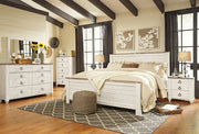 Willowton California King Panel Bed with Mirrored Dresser, Chest and Nightstand in Whitewash - PKG004430