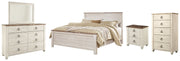 Willowton California King Panel Bed with Mirrored Dresser, Chest and Nightstand in Whitewash - PKG004430