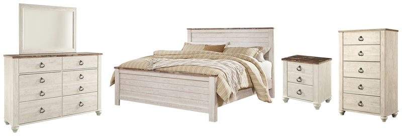 Willowton California King Panel Bed with Mirrored Dresser, Chest and Nightstand in Whitewash - PKG004430