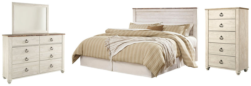 Willowton King/California King Panel Headboard Bed with Mirrored Dresser and Chest in Whitewash from Ashley - Luna Furniture