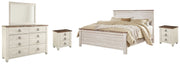 Willowton King Panel Bed with Mirrored Dresser and 2 Nightstands in Whitewash - PKG004360