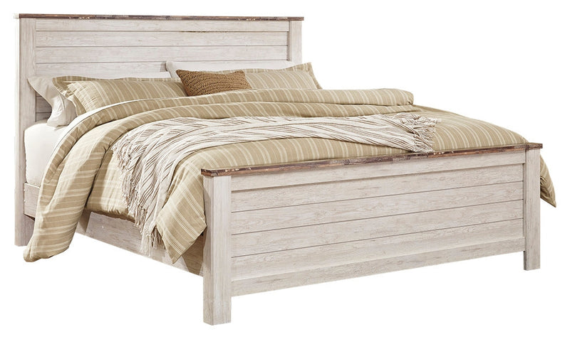 Willowton King Panel Bed with Mirrored Dresser and 2 Nightstands in Whitewash - PKG004360