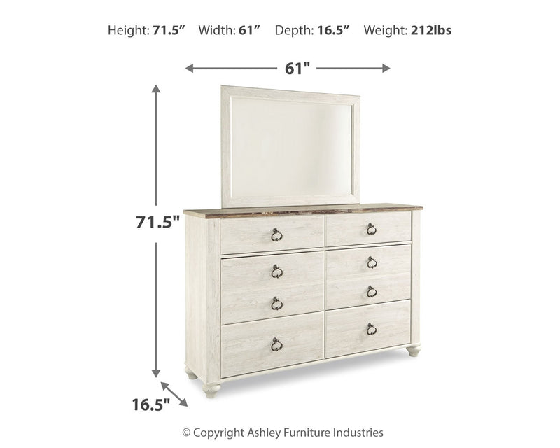Willowton King Panel Bed with Mirrored Dresser and Nightstand in Whitewash - PKG020110