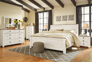 Willowton King Panel Bed with Mirrored Dresser and Nightstand in Whitewash - PKG020110