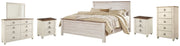 Willowton King Panel Bed with Mirrored Dresser, Chest and 2 Nightstands in Whitewash - PKG004462