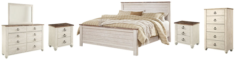 Willowton King Panel Bed with Mirrored Dresser, Chest and 2 Nightstands in Whitewash - PKG004462