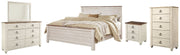 Willowton King Panel Bed with Mirrored Dresser, Chest and Nightstand in Whitewash - PKG004426