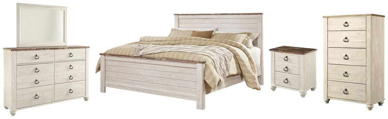 Willowton King Panel Bed with Mirrored Dresser, Chest and Nightstand in Whitewash - PKG004426