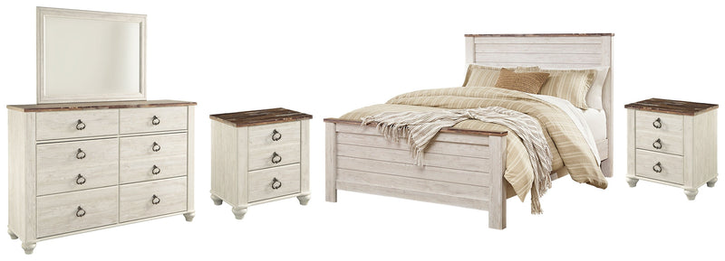 Willowton Queen Panel Bed with Mirrored Dresser and 2 Nightstands in Whitewash - PKG004367