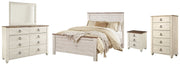 Willowton Queen Panel Bed with Mirrored Dresser, Chest and Nightstand in Whitewash - PKG004434