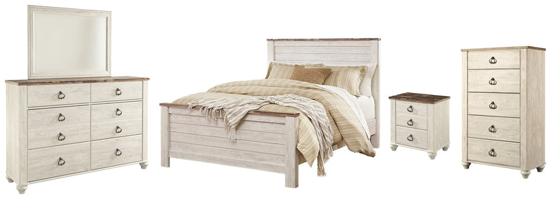 Willowton Queen Panel Bed with Mirrored Dresser, Chest and Nightstand in Whitewash - PKG004434