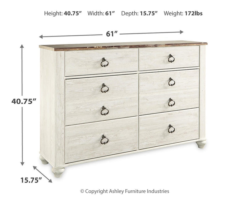 Willowton Queen Sleigh Bed with Dresser in Whitewash - PKG004287