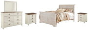 Willowton Queen Sleigh Bed with Mirrored Dresser and 2 Nightstands in Whitewash - PKG004364