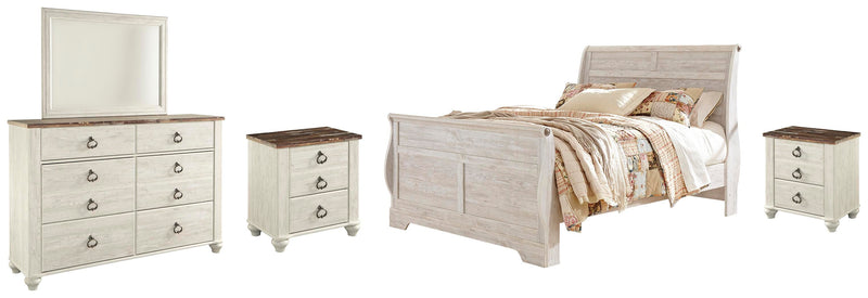 Willowton Queen Sleigh Bed with Mirrored Dresser and 2 Nightstands in Whitewash - PKG004364
