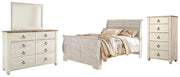 Willowton Queen Sleigh Bed with Mirrored Dresser and Chest in Whitewash - PKG004385