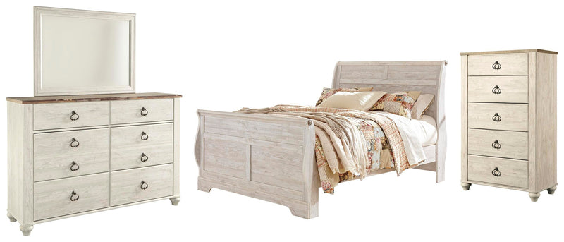 Willowton Queen Sleigh Bed with Mirrored Dresser and Chest in Whitewash - PKG004385