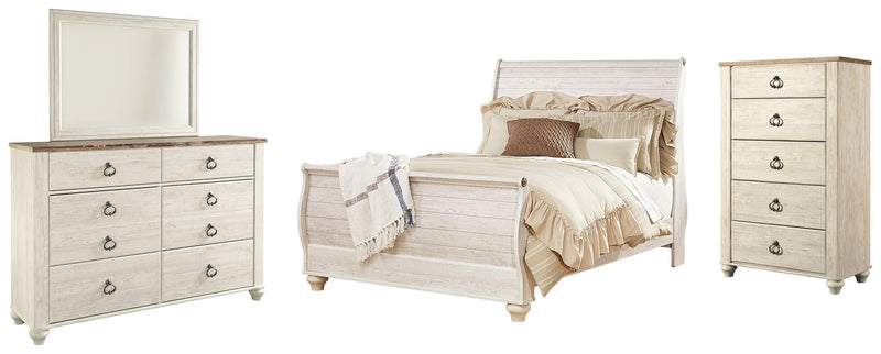 Willowton Queen Sleigh Bed with Mirrored Dresser and Chest in Whitewash - PKG004386