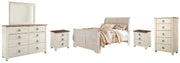 Willowton Queen Sleigh Bed with Mirrored Dresser, Chest and 2 Nightstands in Whitewash - PKG004470