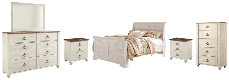 Willowton Queen Sleigh Bed with Mirrored Dresser, Chest and 2 Nightstands in Whitewash - PKG004470