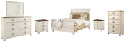 Willowton Queen Sleigh Bed with Mirrored Dresser, Chest and 2 Nightstands in Whitewash - PKG004472