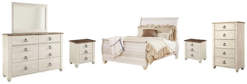 Willowton Queen Sleigh Bed with Mirrored Dresser, Chest and 2 Nightstands in Whitewash - PKG004472