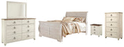 Willowton Queen Sleigh Bed with Mirrored Dresser, Chest and Nightstand in Whitewash - PKG004432