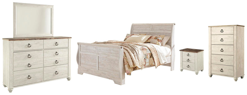 Willowton Queen Sleigh Bed with Mirrored Dresser, Chest and Nightstand in Whitewash - PKG004432