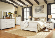 Willowton Queen Sleigh Bed with Mirrored Dresser, Chest and Nightstand in Whitewash - PKG004433