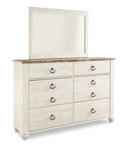 Willowton Queen Sleigh Bed with Mirrored Dresser in Whitewash - PKG004327