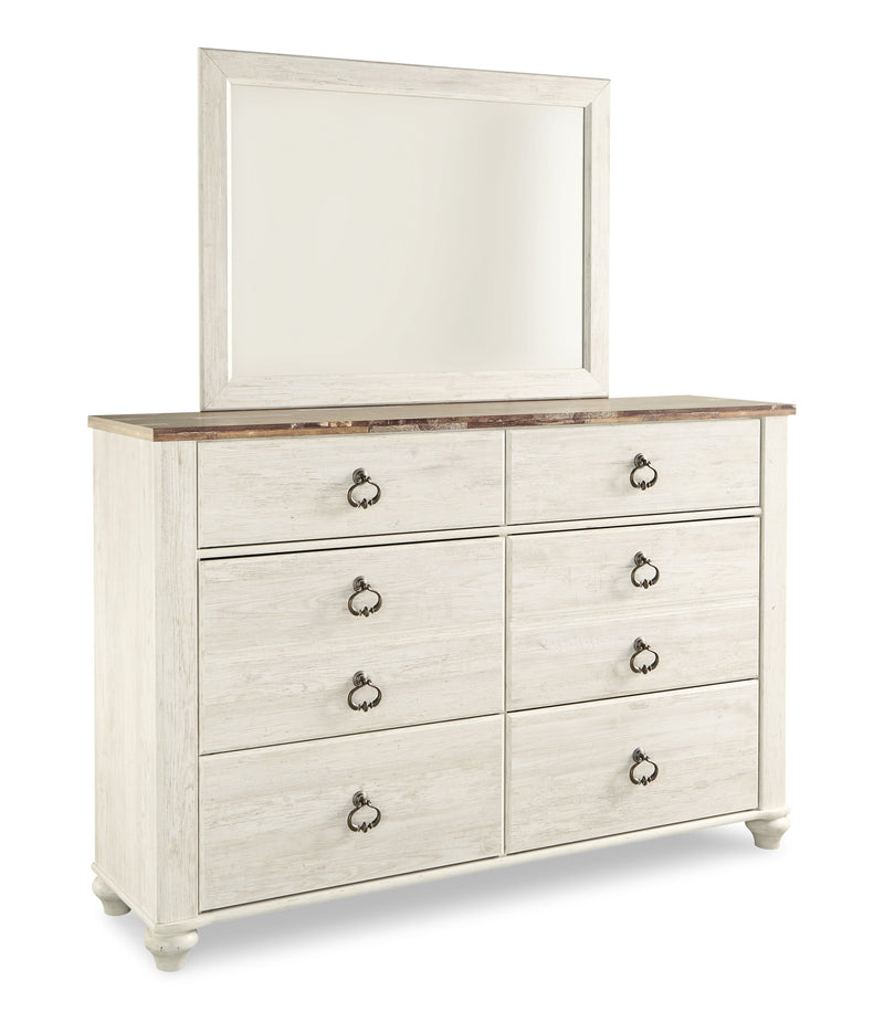 Willowton Queen Sleigh Bed with Mirrored Dresser in Whitewash - PKG004327