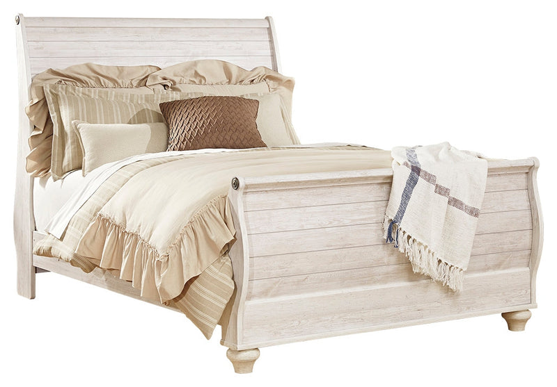 Willowton Queen Sleigh Bed with Mirrored Dresser in Whitewash - PKG004327